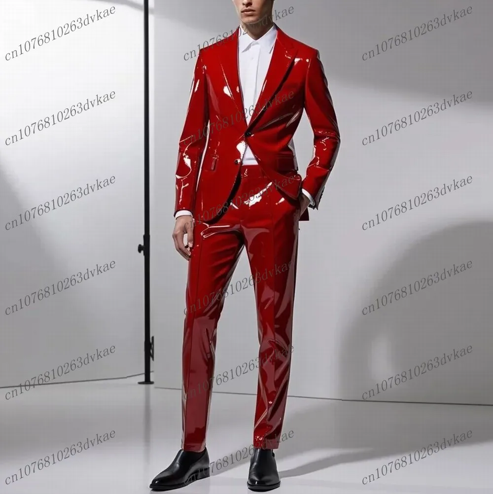 

Блестящий красный мужской костюм из искусственной кожи для торжественных мероприятий, свадьбы, выпускного вечера, деловых встреч, смокинг из 2 предметов: пиджак и брюки