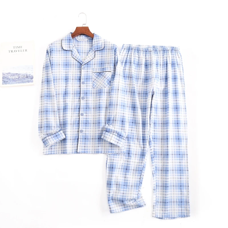 

Fresh Plaid Print Pajama Set Long-Sleeve Lapel Button-Up Top And Long Pants 3 Color Available Fit Men's Cozy Sleepwear Household