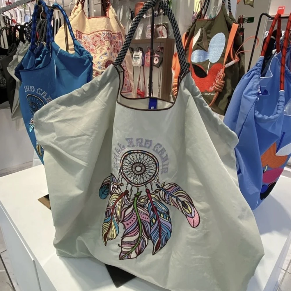 Feather Nylon Tote Dream Catcher Eco Bags for Women Handbags Large Embroidery Shoulder Bag Rope Handle Shopper Purses Ball Hobo