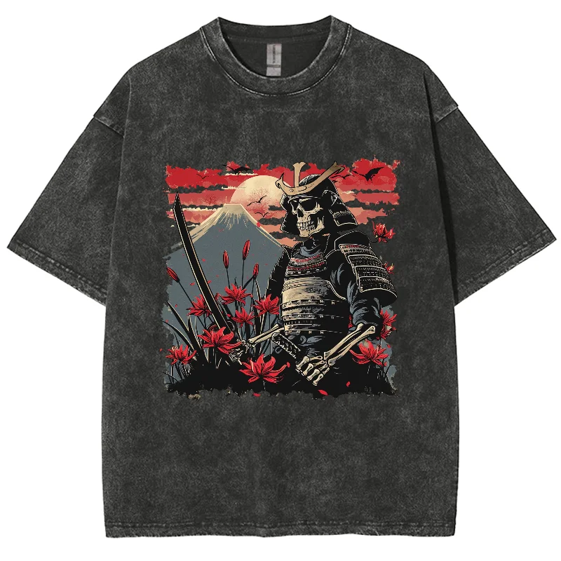 

Skeleton Ukiyoe Samurai Shirt, Hiphop Tops Y2K Washed T-shirt, Oversized Streetwear Vintage Washed Surf T shirts For Women Men