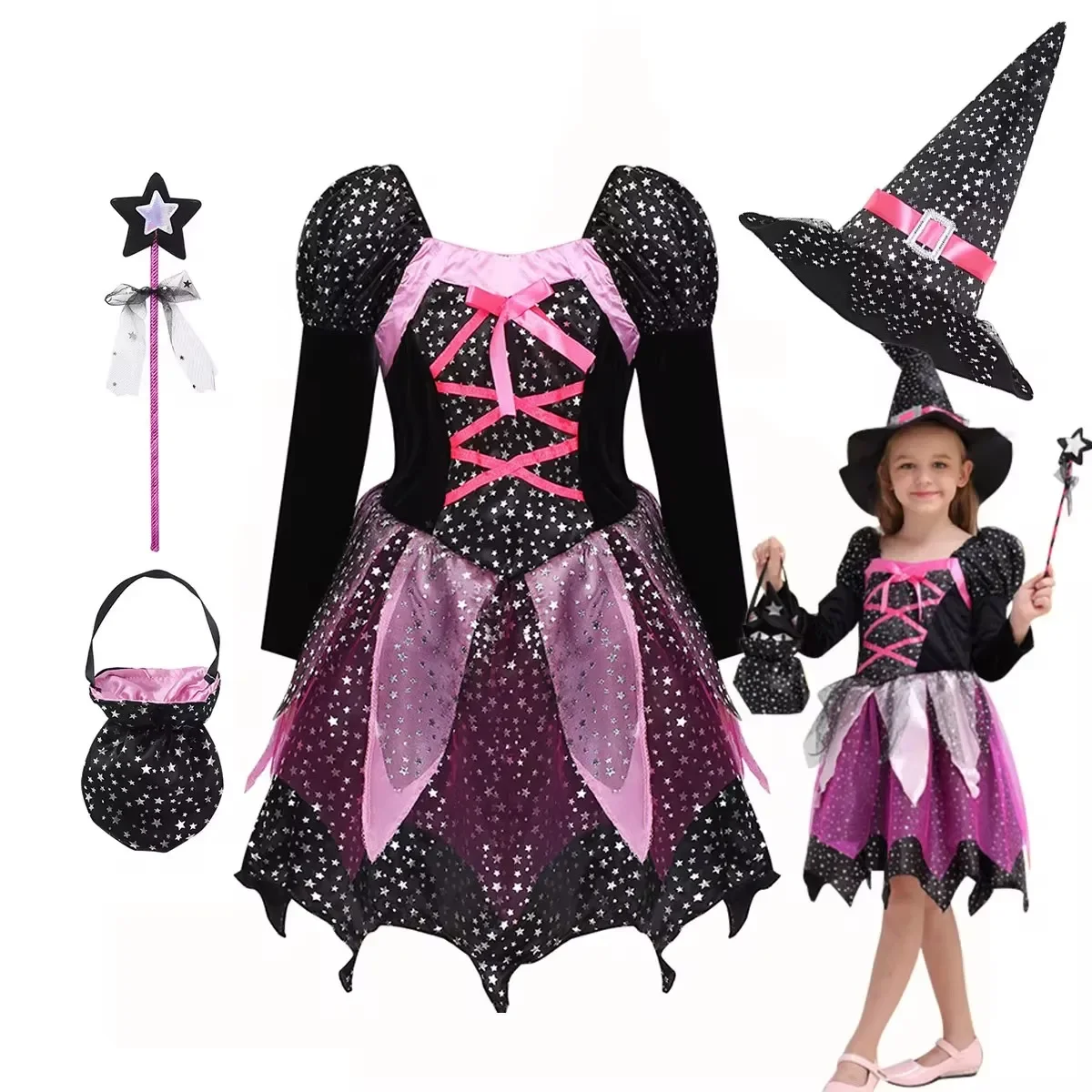 Kids Halloween Apparel Horror Dress Witch Costume with Hat Wand Girl Carnival Black Magic Villain Wizard Vampire Cosplay Gown