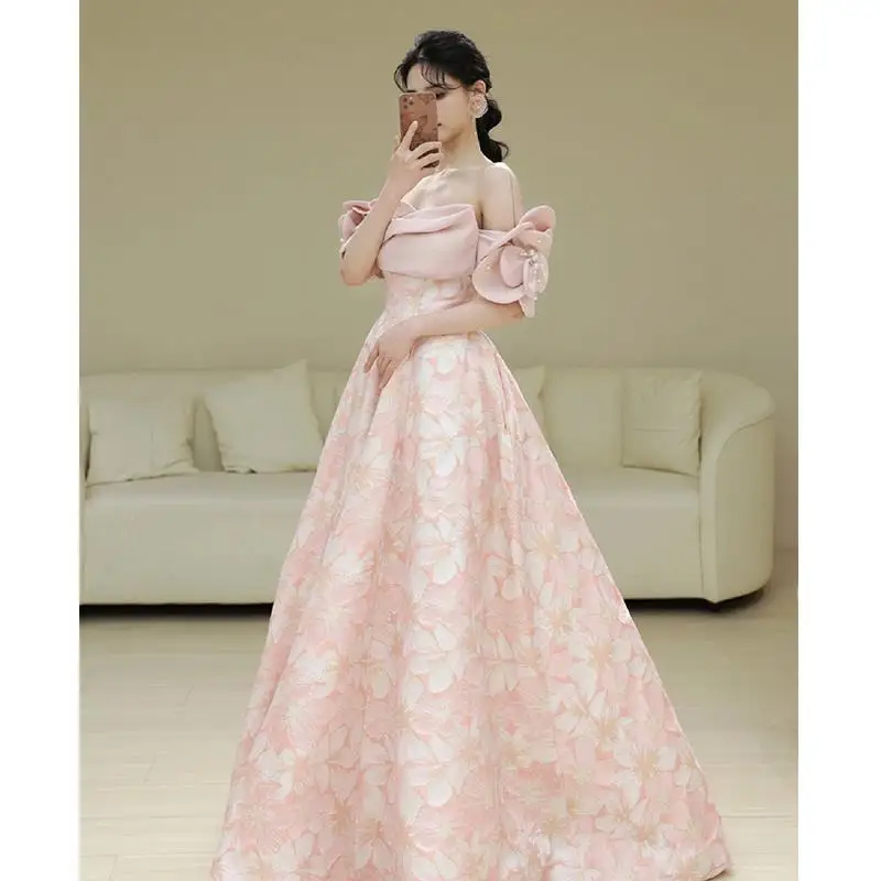 Women's Off The Shoulder Pink Dress Light Luxury Beading Spliced 3D Flower Sleeve Prom Gown Printed Floor Length A-Line Vestido