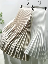 Elegant Long Pleated Skirt Women Spring Autumn Solid Elastic Waist A-line Slim Luxury Midi Skirt Vintage Female