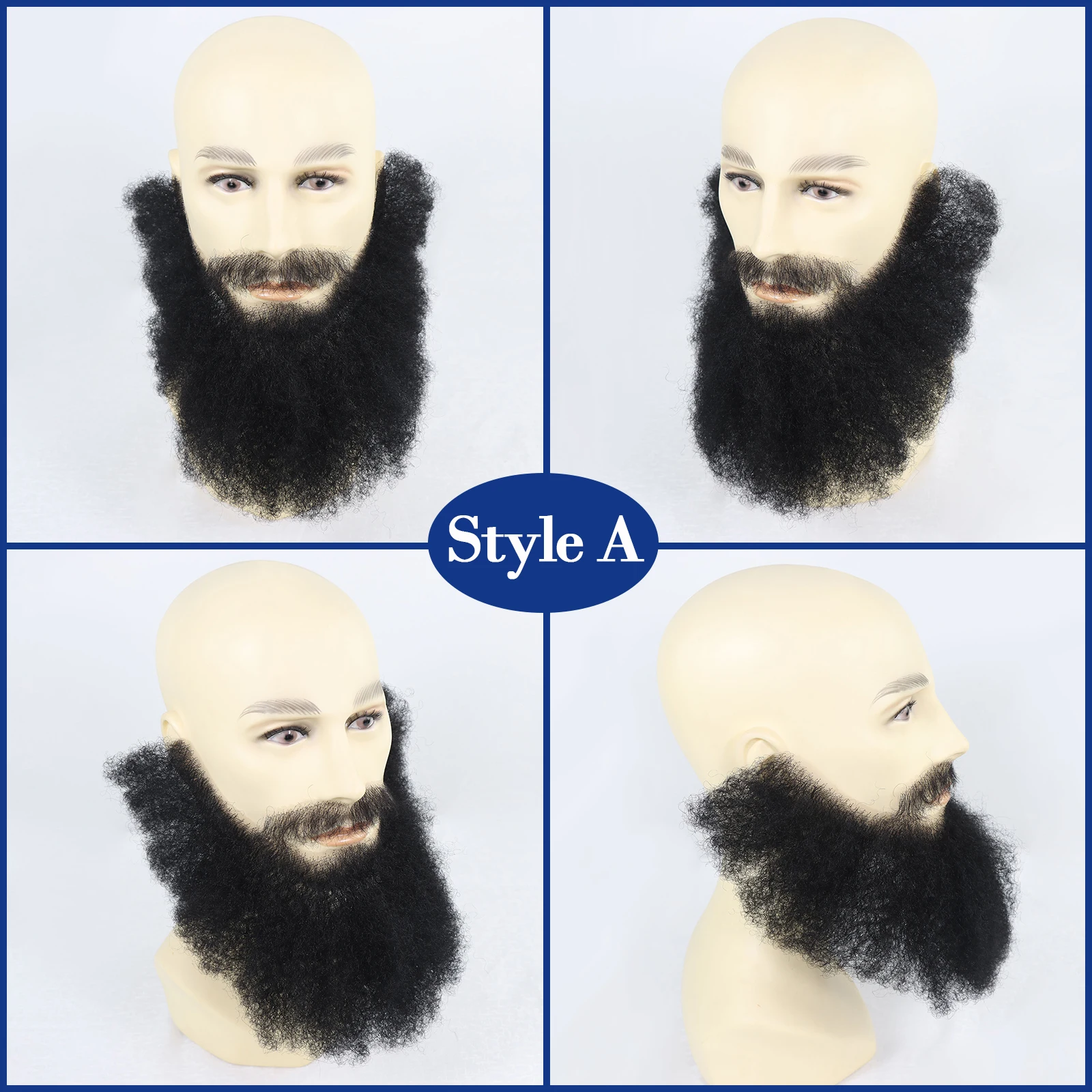 Fausse Barbe Afro Bouclée pour Hommes, 100% Cheveux Humains, Barbe Noire Afro Curl, Fausse Barbe Visage pour Adultes, Maquillage Réaliste, Barbes en Dentelle