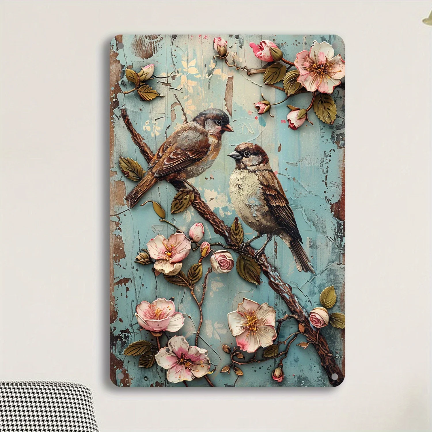 Vintage Tin Sign Rustic Bird Wall Art Decorative Metal Sign with Floral Design Suitable for Home and Garden Garden Decoration