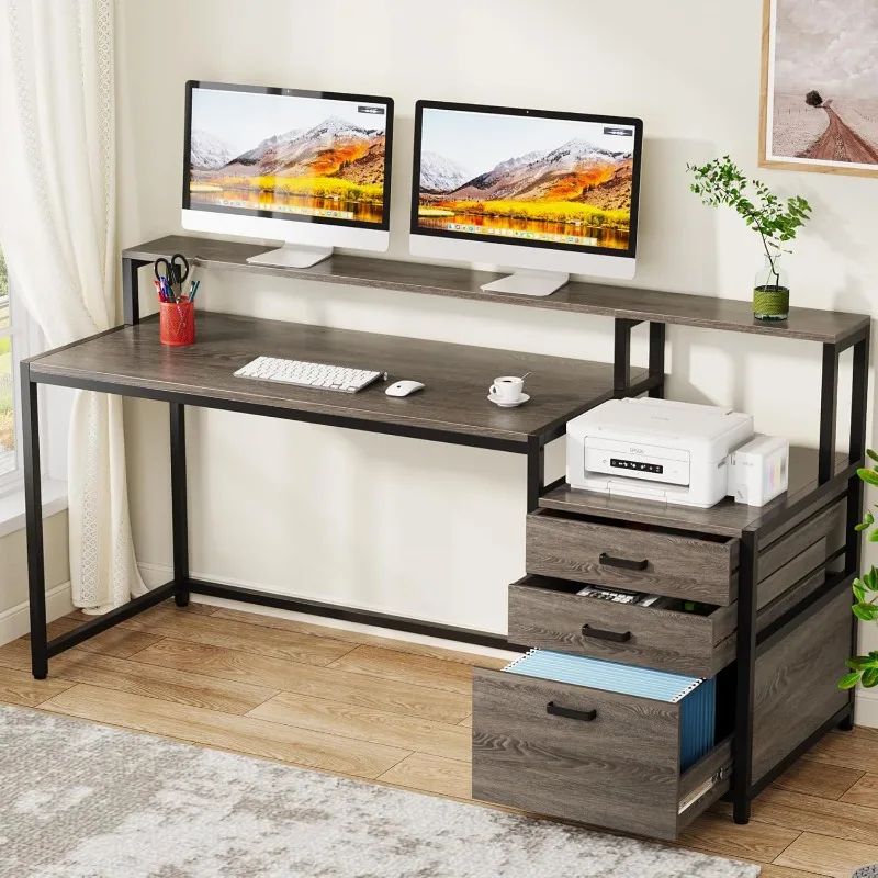 

63 Inch Computer Desk with File Drawer Cabinet, Ergonomic Office Desk with Monitor Stand