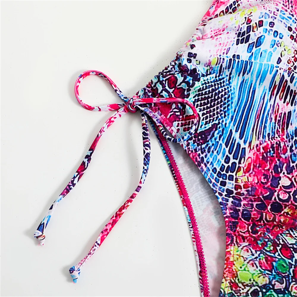 Multicolor Printed Bikini Single-shoulder Vacation Swimsuit Women One-piece Graffiti Y2K Hollow Drawstring Swimwear Beach Outfit