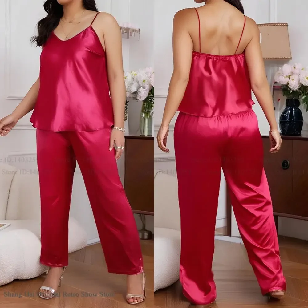 حجم كبير 3XL 4XL 5XL الإناث منامة مثير الحمالات بنطلون الدعاوى ملابس المنزل طباعة زهرة الساتان ملابس خاصة الملابس الداخلية الحميمة