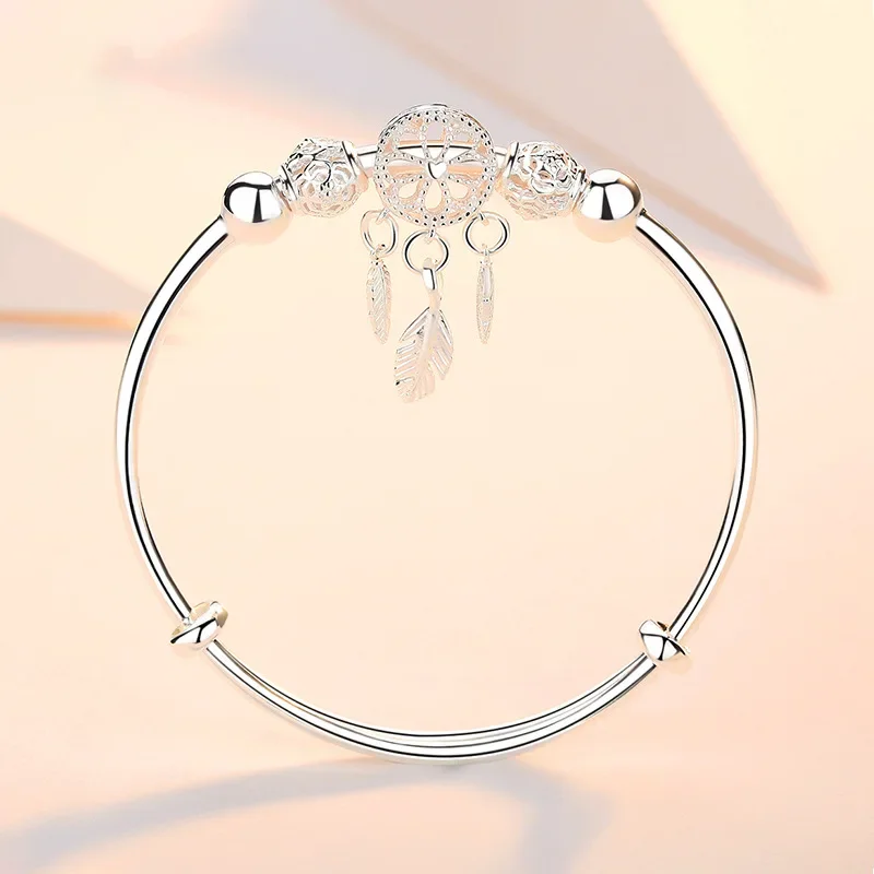 Adjustable 925 Sterling Silver Bangle Dreamcatcher Tassel Feather Round Bead Charm Bracelet Cuff for Women Elegant Wedding