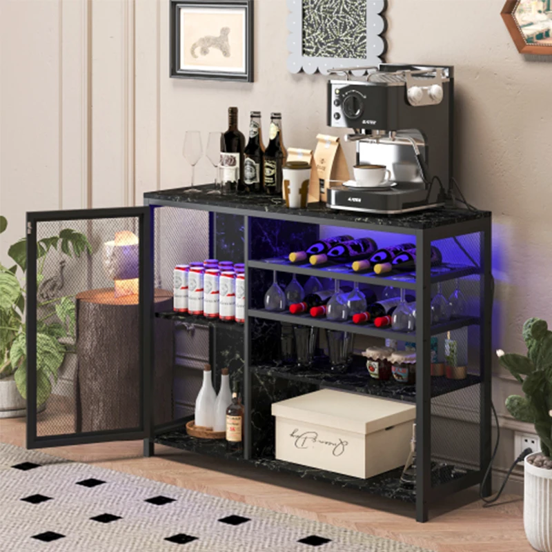 Gabinete de bar, gabinete de bar de vino, credenza de almacenamiento de licores, tablero lateral con estantes para vino y soporte para copas, con enchufe UAB, negro