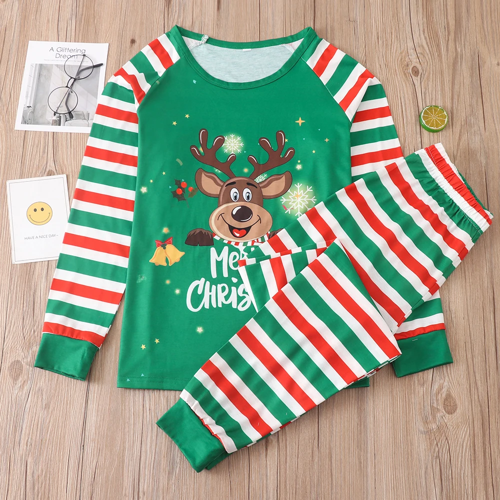 2024 Christmas Matching Family Pajamas Set Letter Print Xmas Outfit Father Mother Kid Deer Top+Stripe Pants Jammies Baby Romper