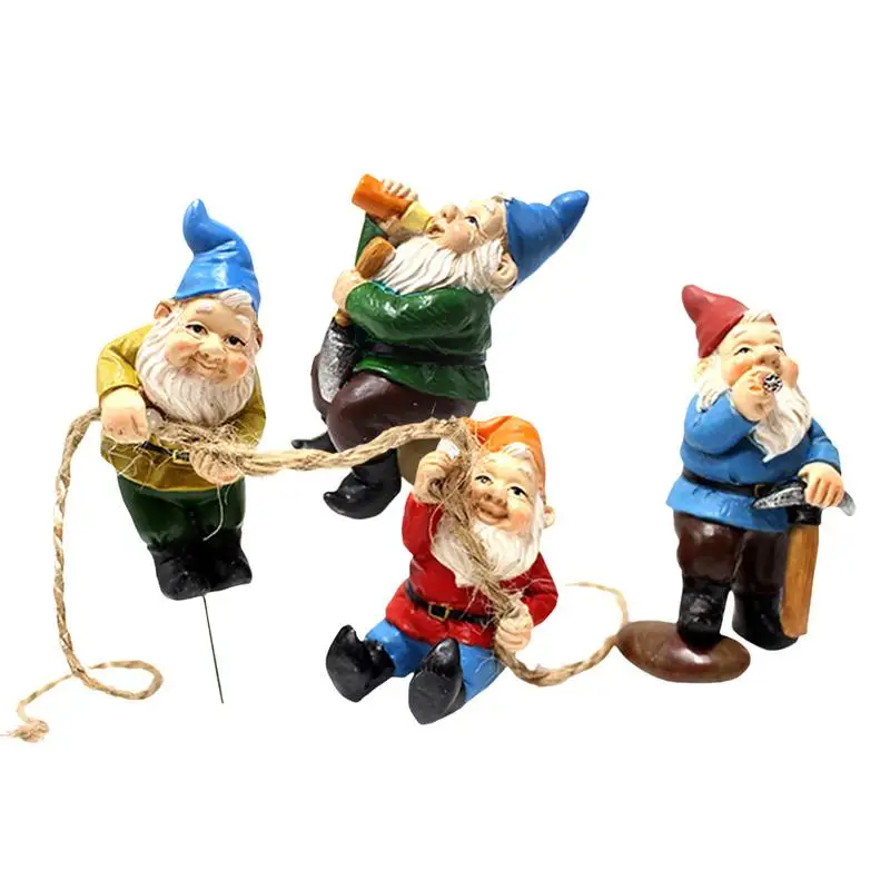 4pcs/set Fairy Garden Drunk Gnomes Miniature Ornaments Set Mini Dwarf Bonfire Statues for Planter Flowerpot Decor Accessories