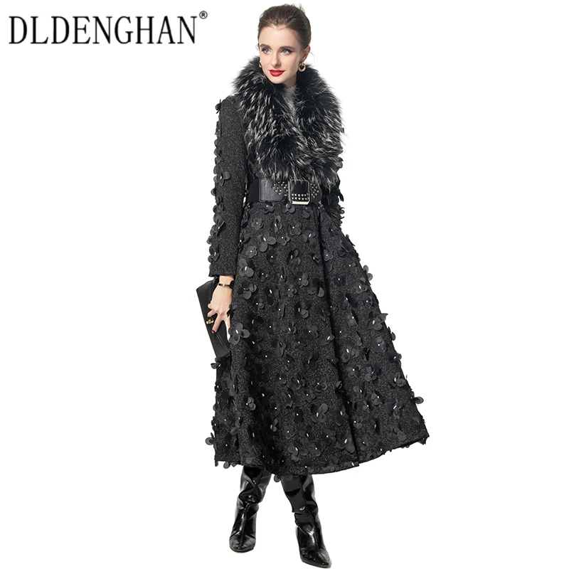 DLDENGHAN Applique Tweed Coat For Women Fur Collar Long Sleeves Belt Pockets High Street Outerwear Autumn Fashion Winter New