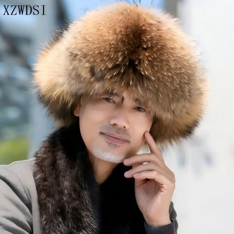 Winter Warm Men's 100% Real Silver Fox Fur Bomber Hat Raccoon Fur Cap Trapper Russian Man Ski Hats Caps Real Leather