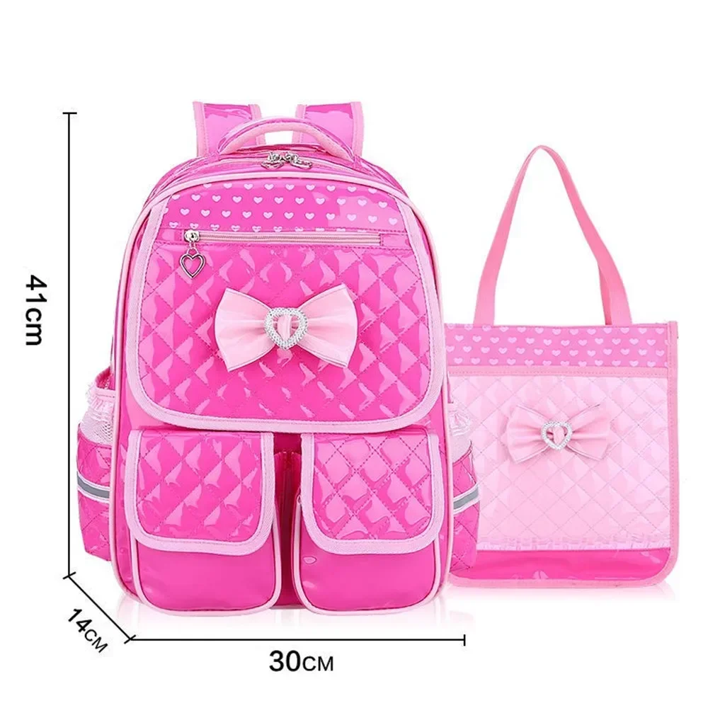 PU Waterproof Schoolbag Bow Girl 3-6 Grade Children Fashion Students Backpack Travel Shoulder Handbag School Bag 3D Pocket A Set