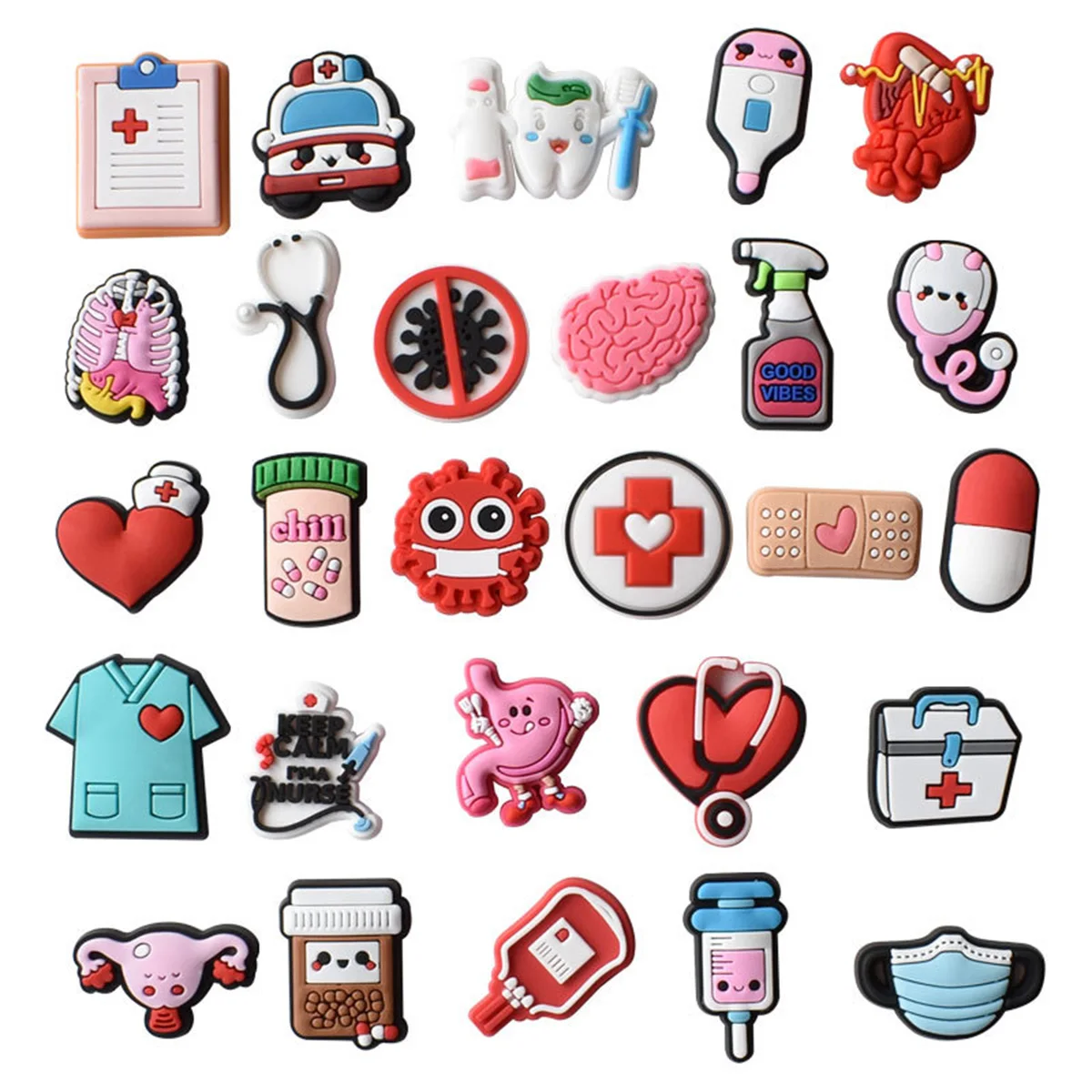 27 breloques en PVC pour chaussures, accessoires sur le thème du personnel médical (médecin, infirmière, ambulance), pansements, pour trousse à crayons, tasses, sabots et décorations de chaussures