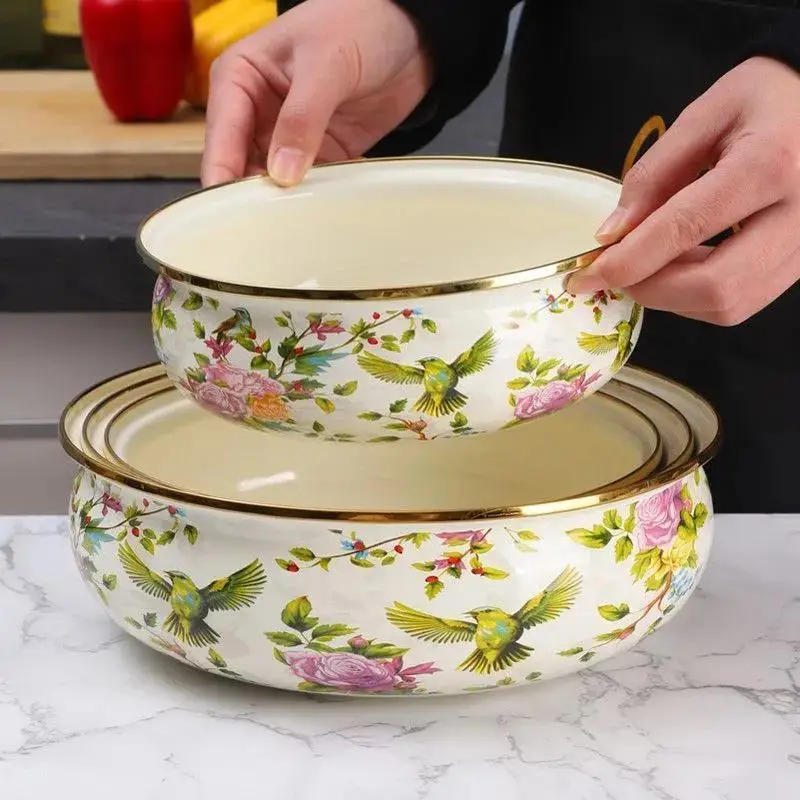 Nordic Enamel Basin Soup Basin Mixing Noodle Bowl Salad Basin Multifunctional Floral Pattern Kitchen Washing Bowl for Home Use
