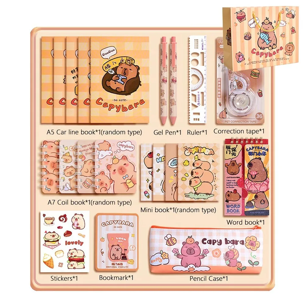 

Cute Capybara Stationery Set High-Quality Notebook Stickers Ruler, Pencil Pen Case School Supplies Kawaii Durable