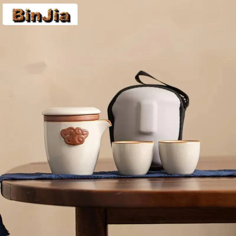 

Винтажный фарфоровый чайный сервиз Ru Kiln, чайник и чашка в стиле дзен, 1 горшок, 3 чашки, походные сумки для кемпинга, уличная посуда, подарок