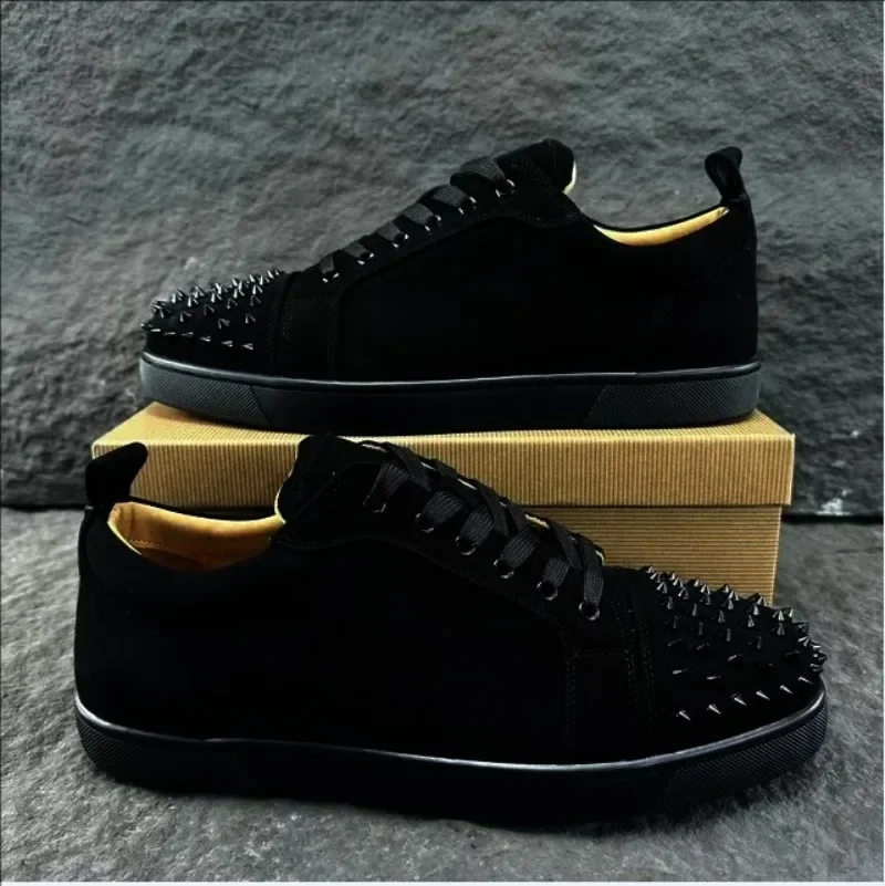 

Luxury Brand Black Genuine Leather Red Bottoms Low Top Golden Rivets Shoes For Men's Casual Flat Loafers Women's Spikes Sneakers