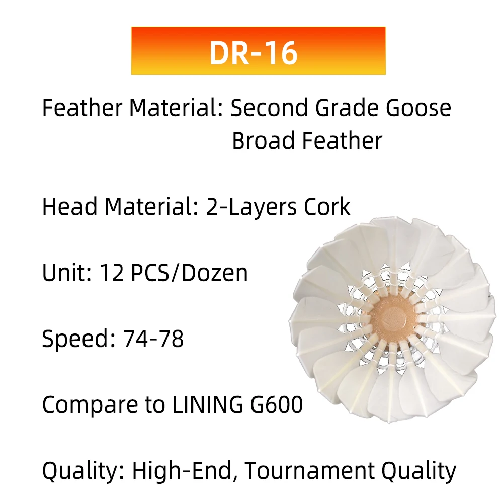 Piłeczka do badmintona turniejowa, z pióra gęsiego, zapewniająca konzystentny lot i wytrzymałość podczas zawodów.