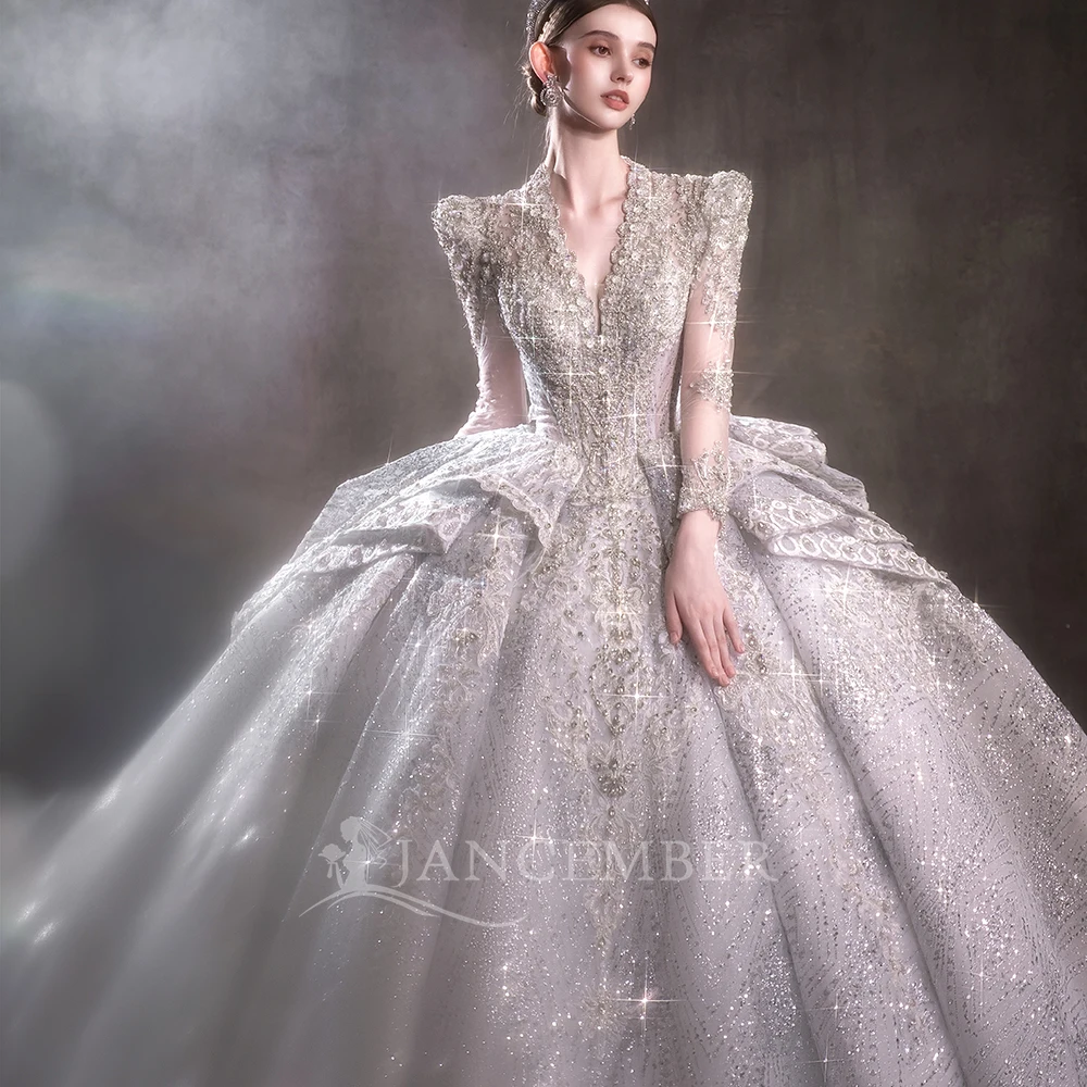 브이넥 오간자 웨딩드레스 맞춤형 긴 소매 웨딩드레스 진주 공주 레이스 웨딩드레스 웨딩드레스