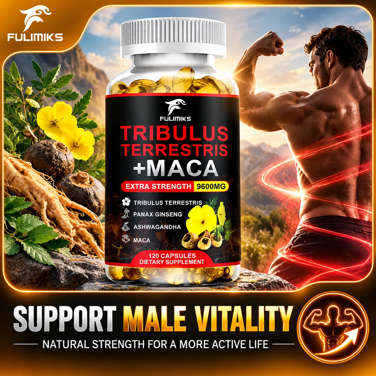 Extra Strength Tribulus Terrestris + Maca Supplement, Supports Muscle Building, Blood Flow, Energy & Long-Term Male Wellness