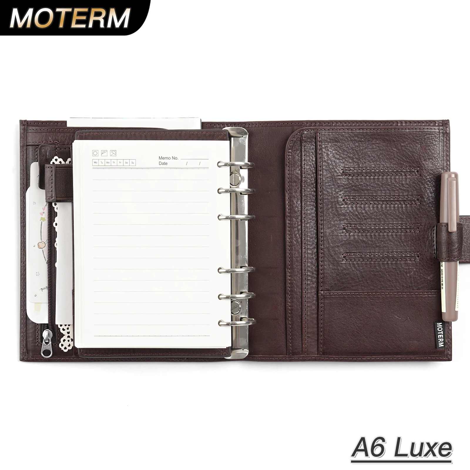 Agenda Moterm A6 de Lujo con Anillas, Cuaderno de Cuero de Grano Completo Curtido Vegetalmente con Anillas de 30 mm, Organizador Diario