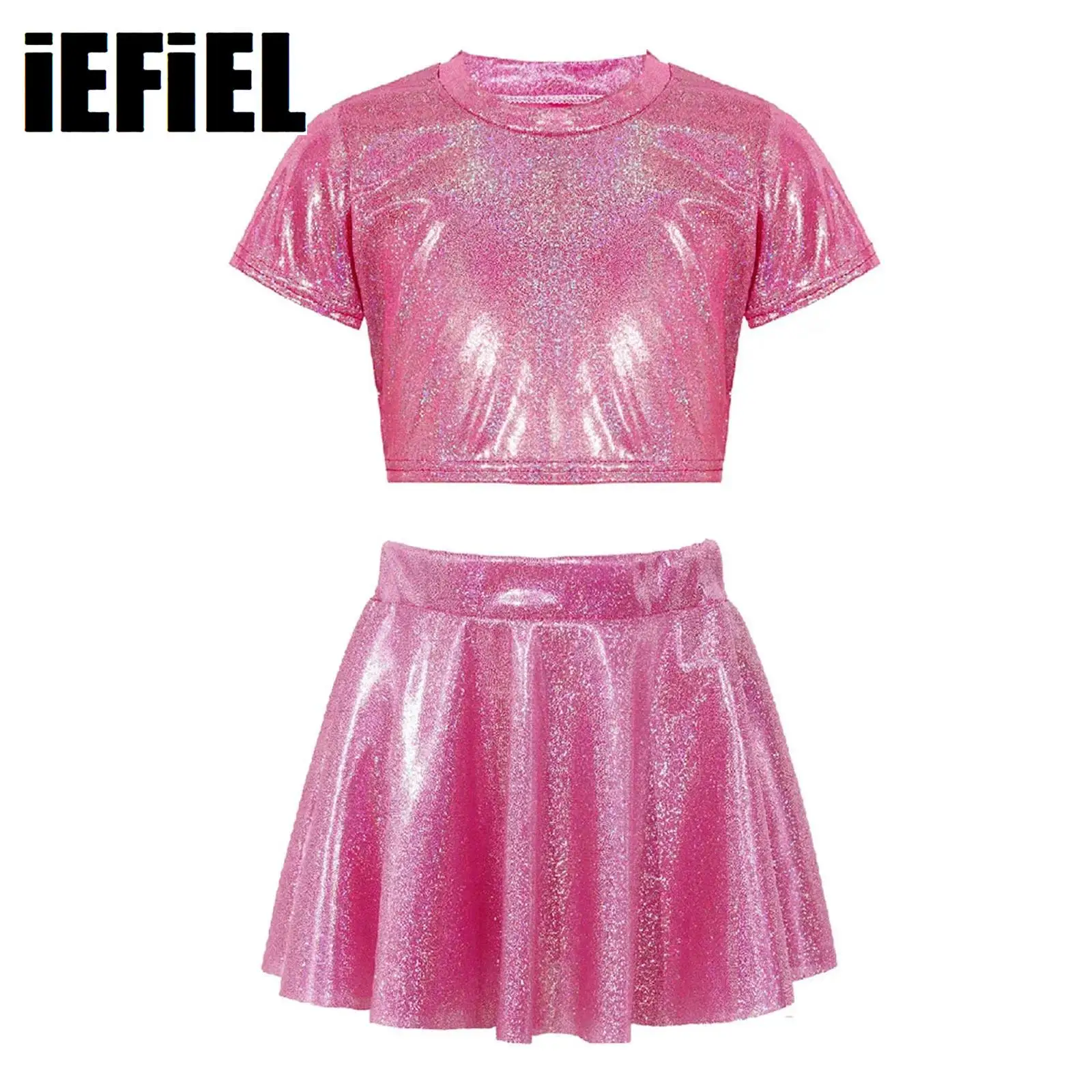 

Girls Shining Party Dance Sets Dancewear Short Sleeve Crop Top with Elastic Waistband Skirt for Performance Costume