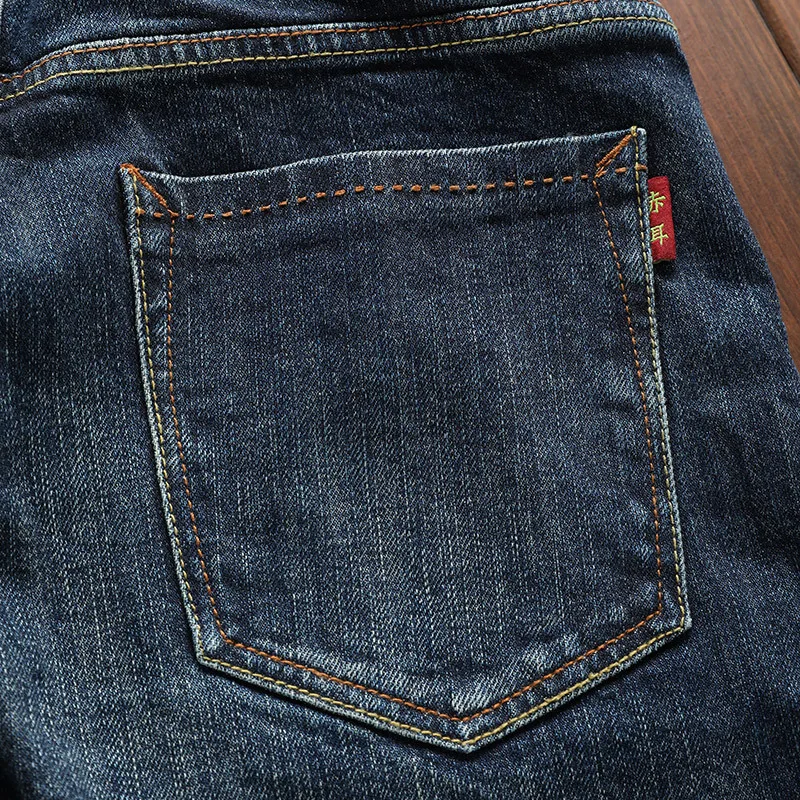 2025 jeans men's red ear denim trendy embroidery print elastic slim fit small straight tube high-end casual pants - Image 4