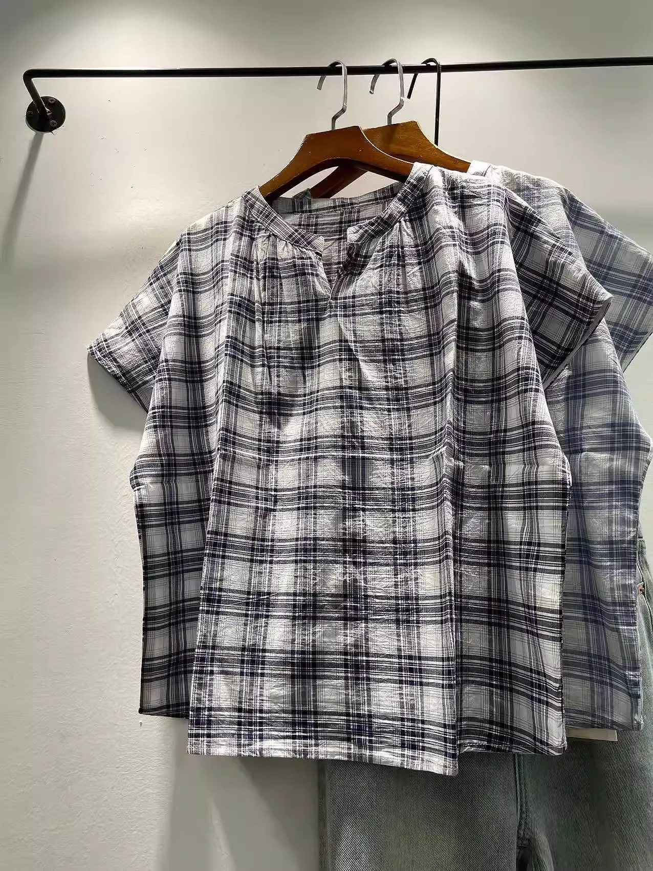 

Bust 126cm plus size tops middle aged women clothing Japan style casual check shirts short sleeve women's plaid blouses