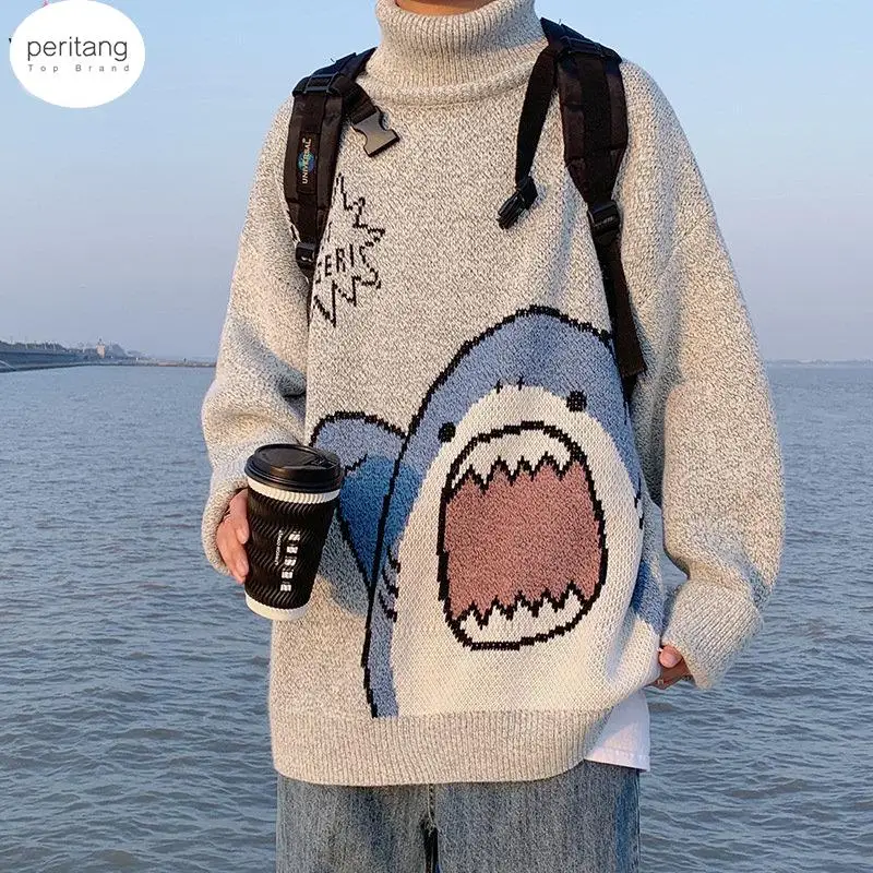 New Men Turtlenecks Shark Sweater Men 2024 Winter Patchwor Harajuku Korean Style High Neck Oversized Grey Turtleneck For Men