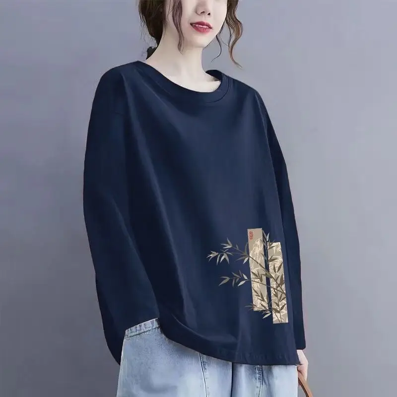 T-shirt da donna a maniche lunghe in cotone, girocollo ampio, top casual stampato