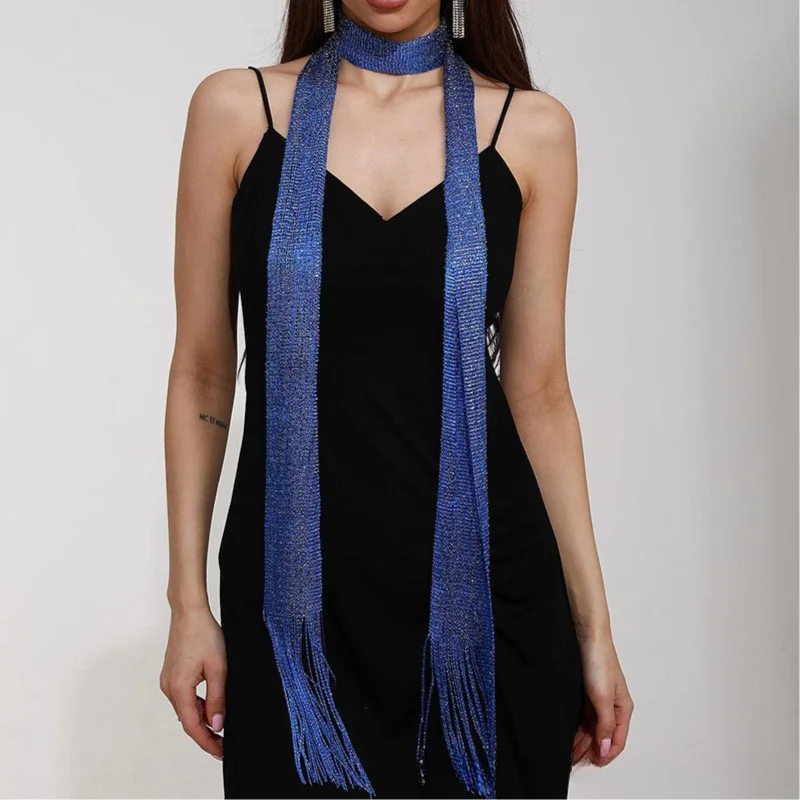 Fashion Nightclub Sunscreen Shawl Bright Silk For Women Lace Tassel Shiny Necklace Party Gold Silver Evening Dress Scarf