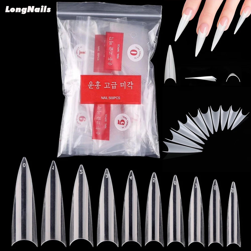 

500/600pcs Long Pointed Fake Nail Tips Stiletto Half Cover French Acrylic UV Gel False Nail Extension Press On Nails Manic Tool