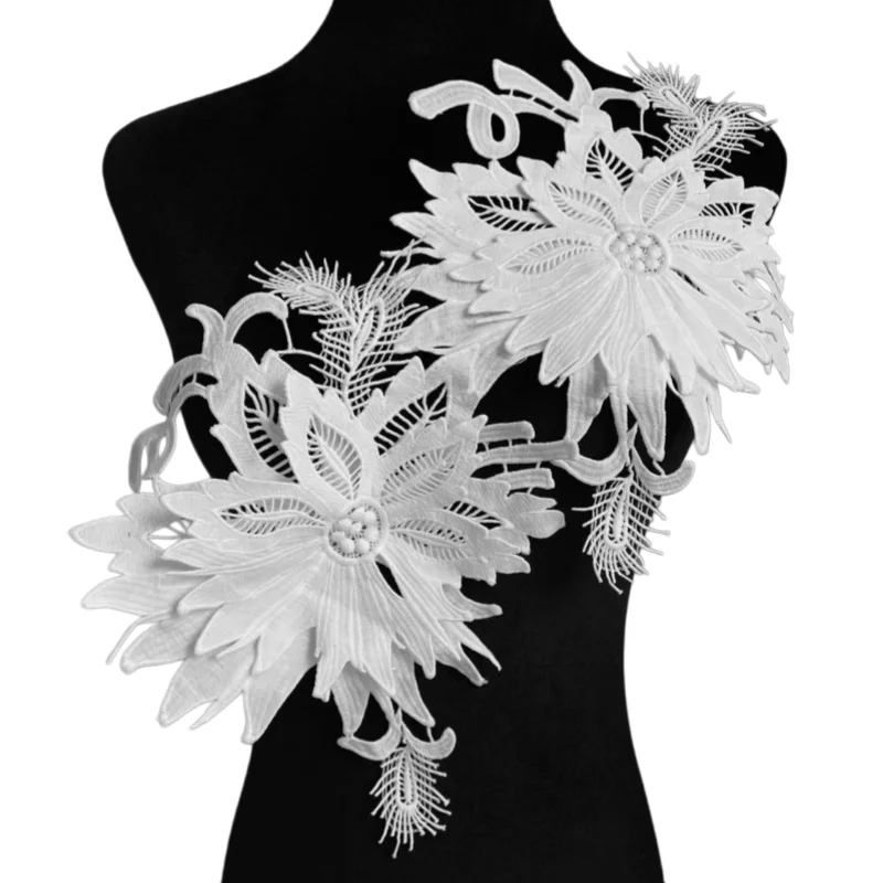 

2 pieces of lace embroidery fabric accessories for DIY. Can be used on clothes, wedding gowns and formal dresses.