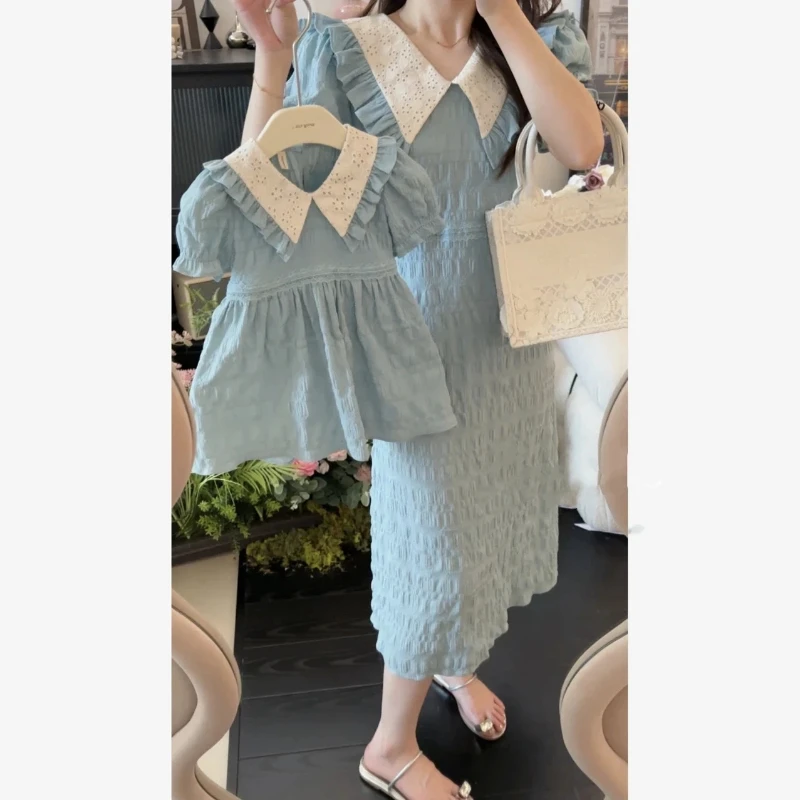 Parent-child Matching Clohes Mom and Daughter Elegant Blue Dresses Mother and Baby Girls Equal Delicate Short Sleeve Outfit 2024