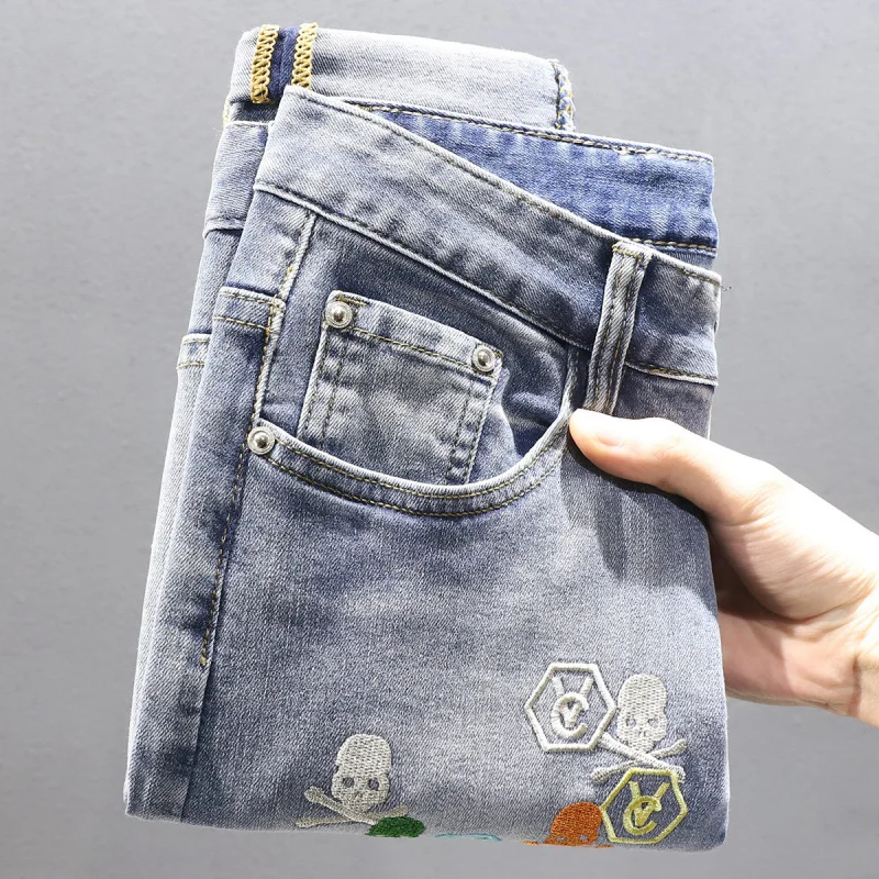Summer Men's Luxury Slim Fit Jeans with Embroidery Design, Stretchy Casual Thin High-end Long Pants