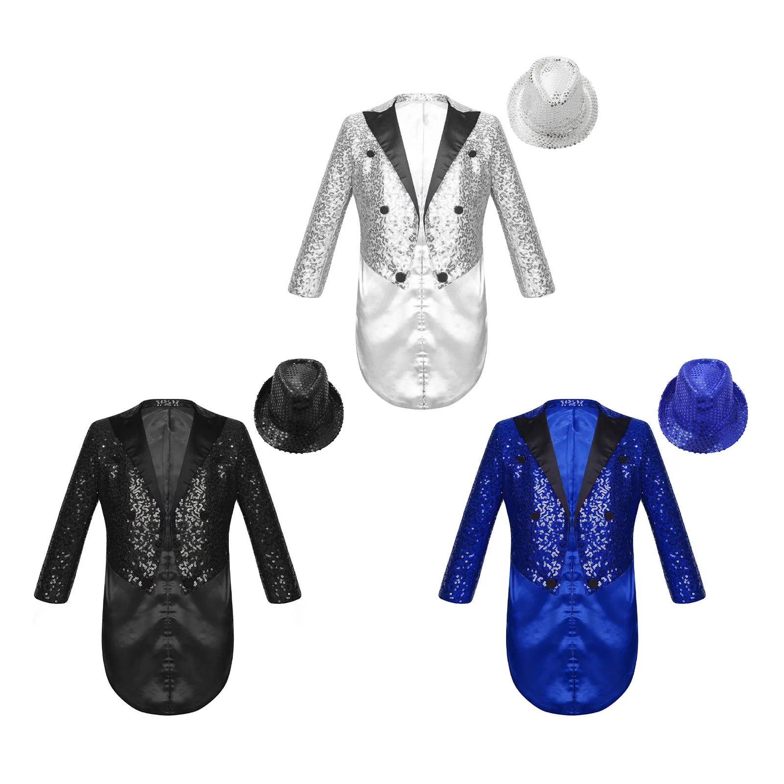 Kids Boys Sequins Tailcoat Magic Show Jazz Dance Performance Outfit Satin Lapel Open Front Long Sleeve Jacket Blazer with Hat