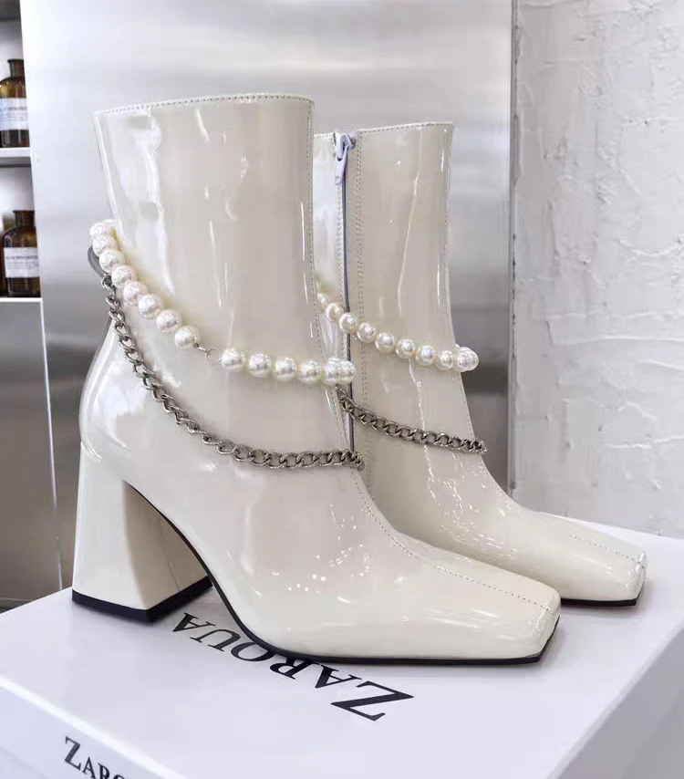 Aphixta 7.5cm High Heel Ankle Boots Square Toe Luxury Pearl Metal Chain Dec Patent Leather Women Shoes Elegant Ankle Boots
