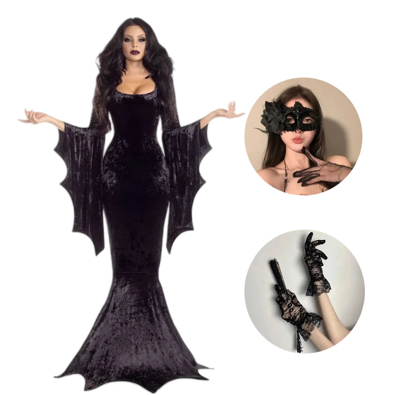 

Halloween Bat Witch Ghost Bride Costume Gothic Style Long Black Dress Vampire Masquerade Performance Outfit with Mask Women