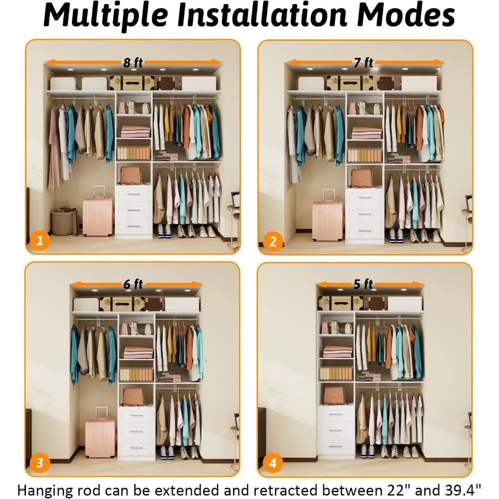 „5 bis 8 Fuß verstellbares Schrank-Organizer-System mit Schubladen, Regalen und ausziehbaren Hängestangen“