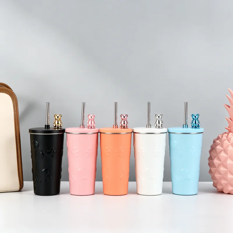 

LUSQI Stainless Steel Insulated Cup 1/2Pcs Cartoon Plating Bear Straw Cup Portable Travel Coffee Tea Mug Car Cup