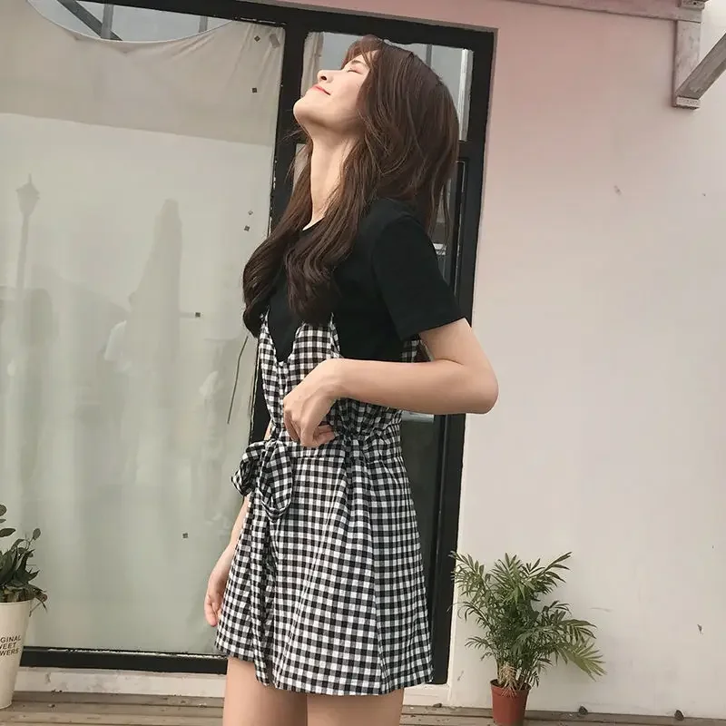 

Rompers Women Ulzzang Black Plaid Trendy Daily Fashion High Waist Loose Preppy Girls Playsuits All-match Summer Femme Clothing