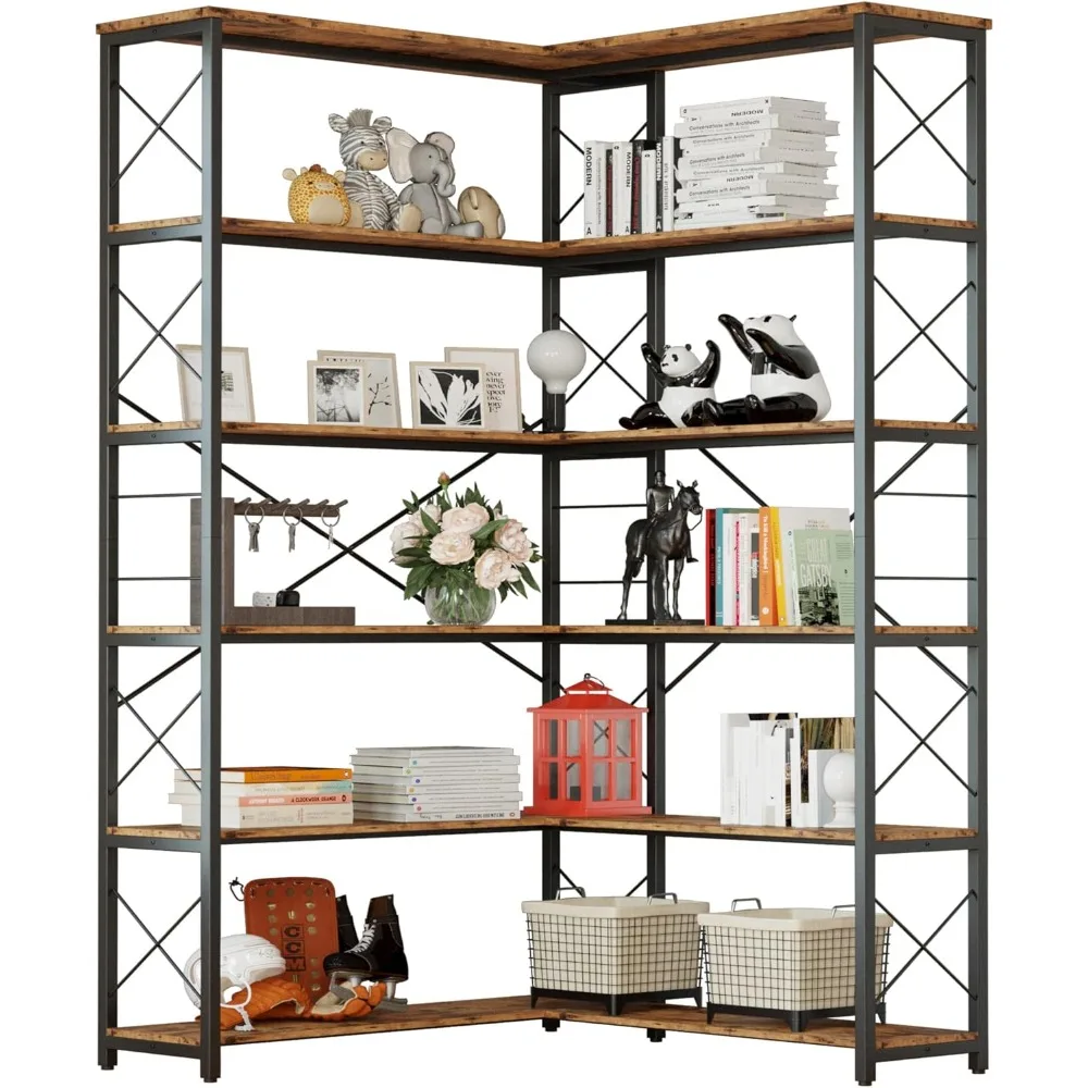 

6-Shelf Corner Bookcase,Vintage Industrial Corner Bookshelf Etagere Bookcase,6 Tiers Corner Shelf Storage Rack with Metal Frame