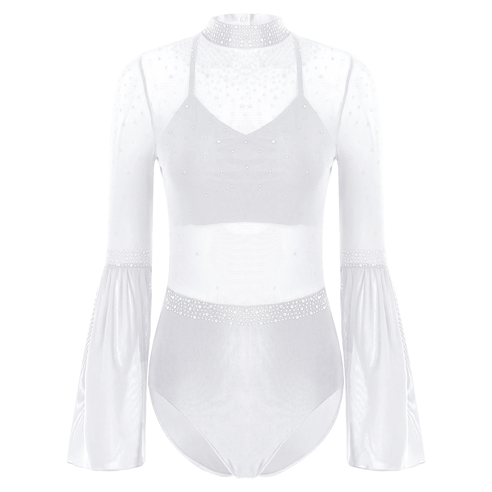 Damen Eiskunstlauf Rhythmische Gymnastik Performance Kostüm Flare Sleeve Sparkly Strass Ballett Tanz Trikot Tanzbekleidung – Detail 33