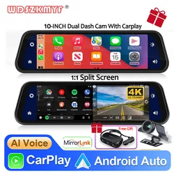 10Inch Mirror Dash Cam for Cars 4K Dual-Lens Car Dvr Wireless Carplay Android Auto Front and Rear Camera Stream RearView Mirror