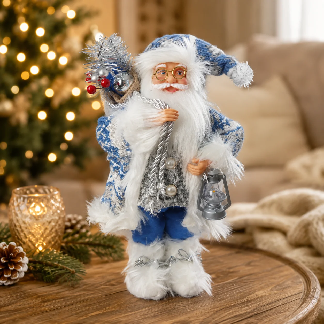 Christmas Santa Claus Figurine 30cm, Nordic Blue Santa Statue with Mini Lantern Gift Bundle and Soft Knit Plush Texture