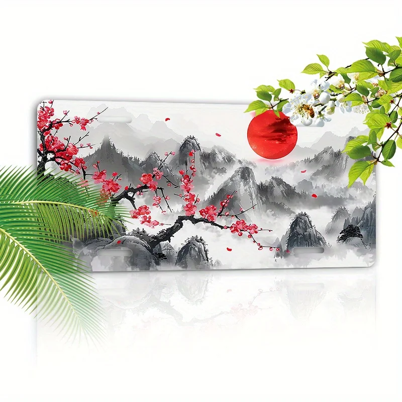 Waterproof Aluminum License Plate - Japanese-Inspired Ink Wash Cherry Blossom & Mountain Design, 6x12 Inch Fit Front/Rear Car Pl