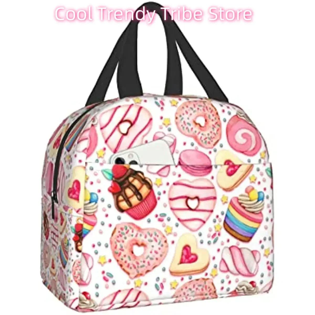 Cute Donut and Cupcake Print Lunch Box, Kawaii Small Insulation Lunch Bag, Reusable Food Bag Lunch Containers Bags for Women Men